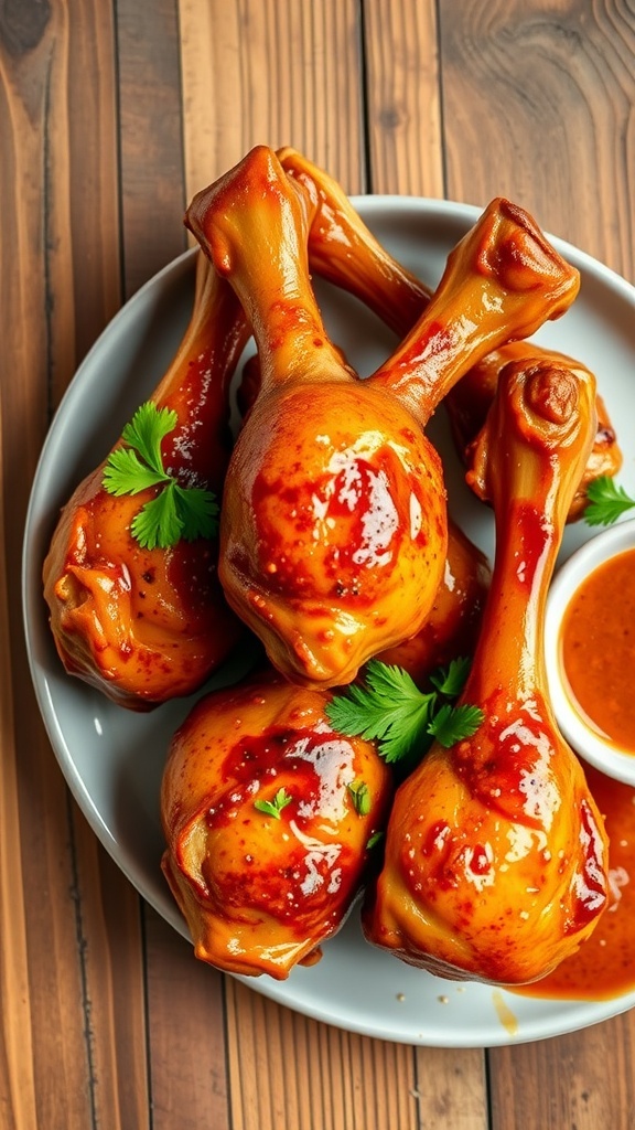 A plate of crispy baked chicken drumsticks garnished with parsley, served with dipping sauce on a rustic table.